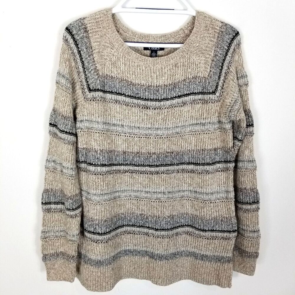 Chaps Women Holiday Striped Pullover sweater size M Oatmeal Crew Neck Cotton